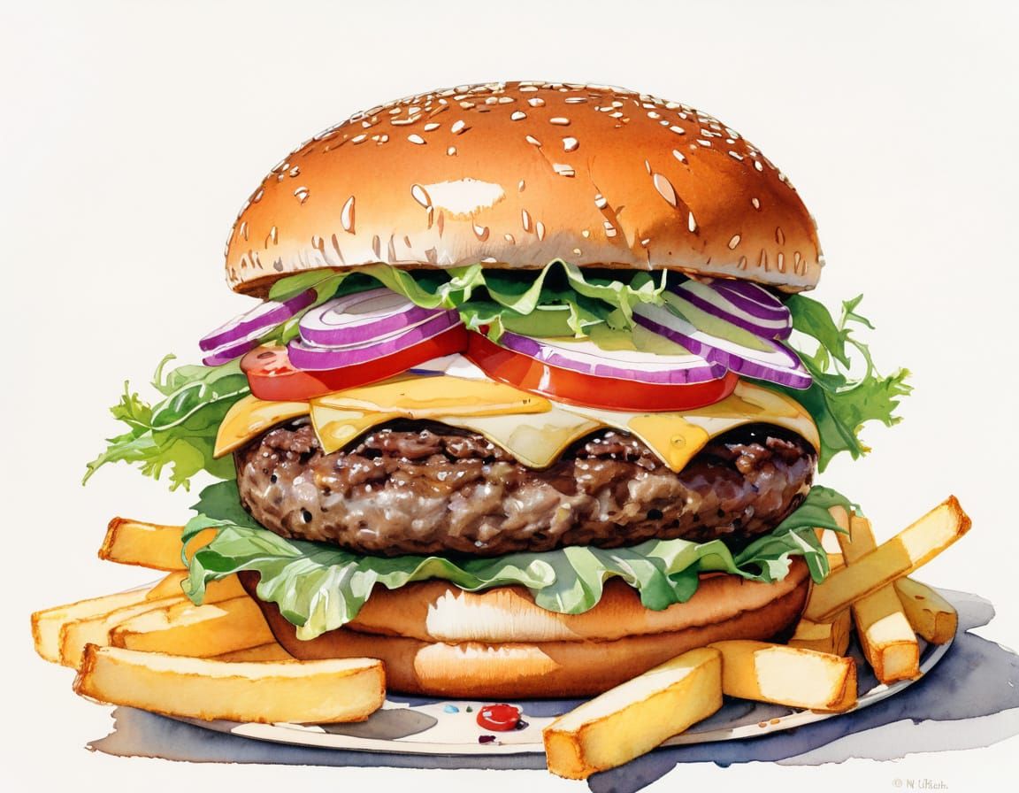 GIGANTIC burger with myriad toppings with a side of French fries