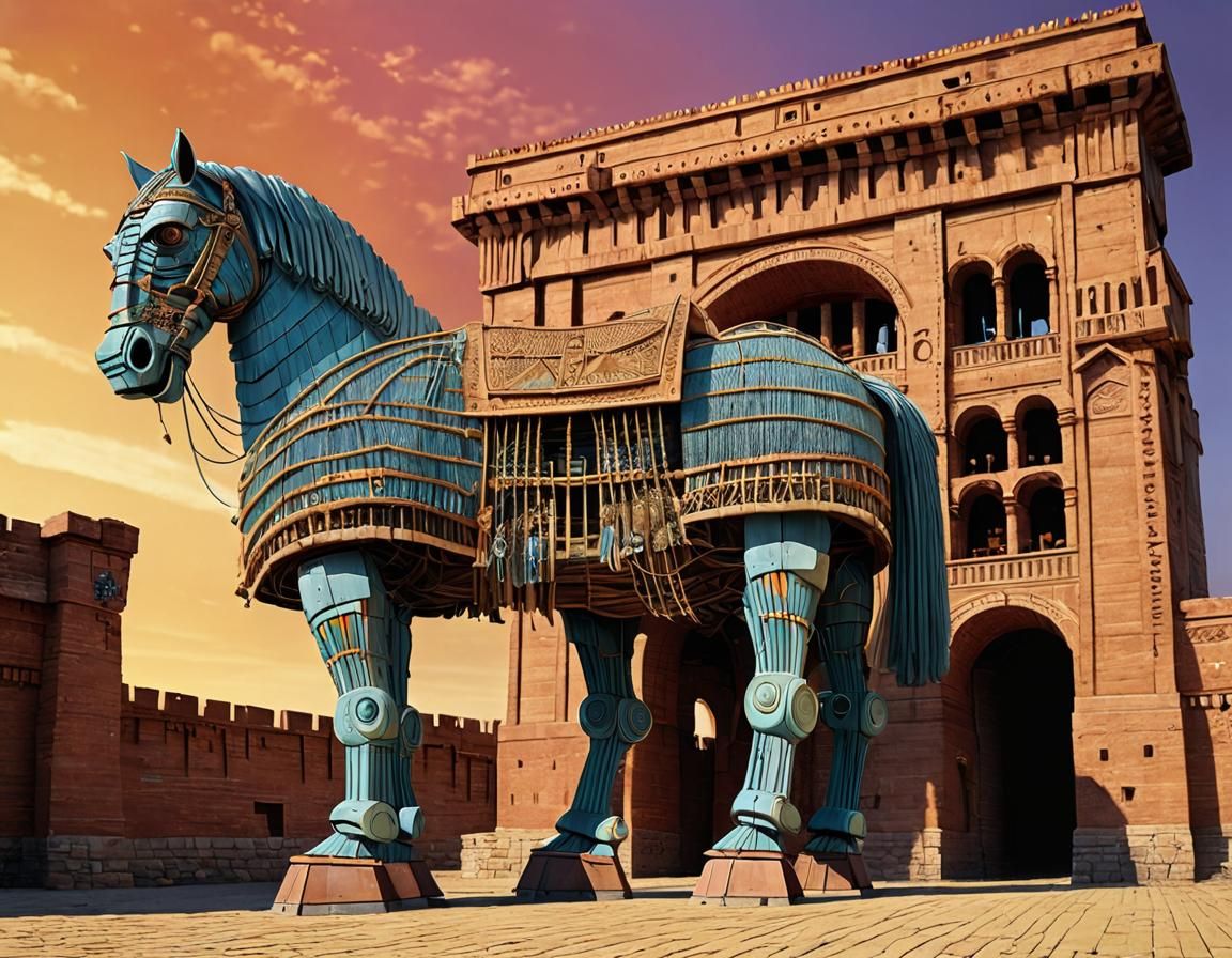 trojan horse made entirely out of strings standing in front of Troja gates