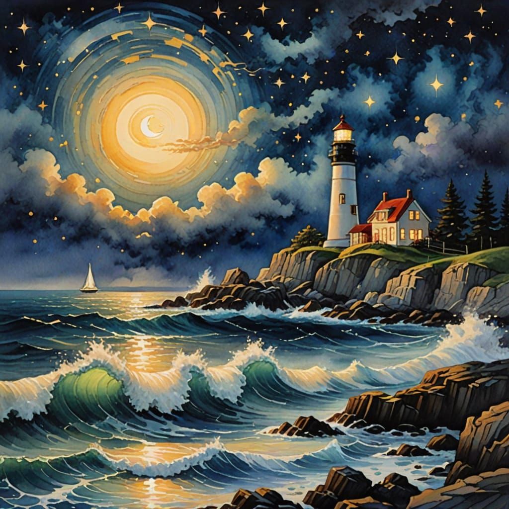 This beautiful watercolor painting captures a majestic lighthouse standing tall on a rocky coastline ...  by @Moonflowerrose69