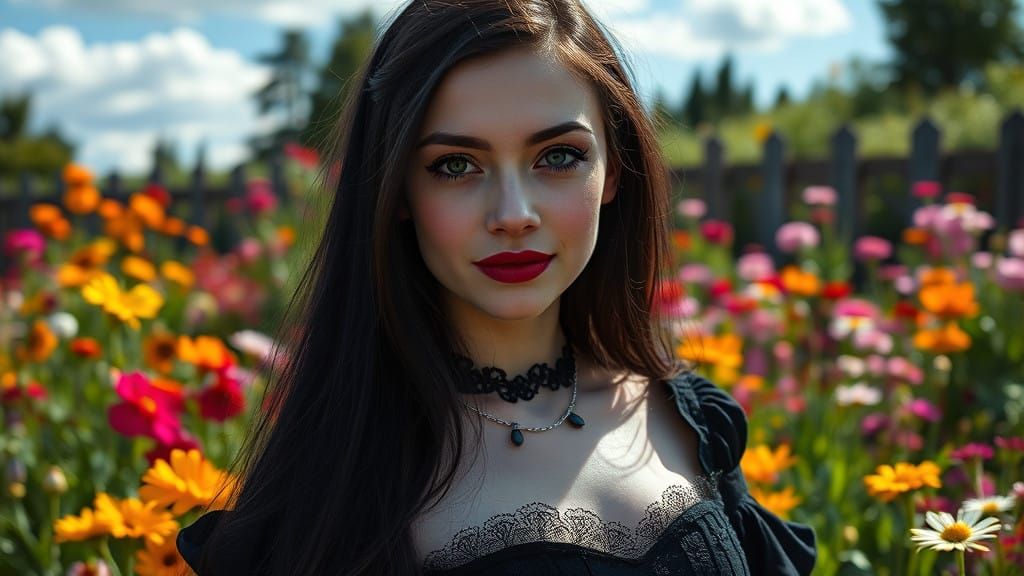 A beautiful Gothic young woman in a garden