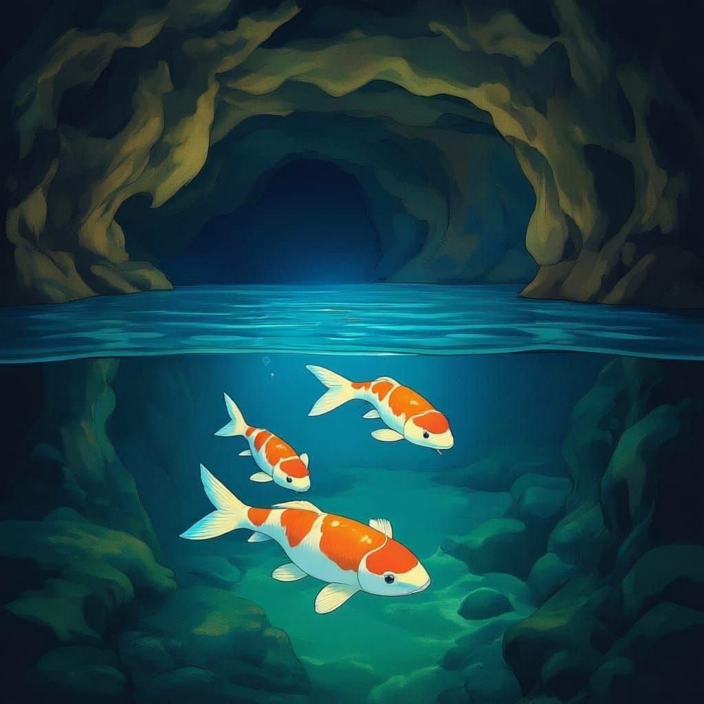 Interior shot. Camera facing downward toward a still underground pool. The ceiling is not visible. It's dark. Only light source is a glowing...