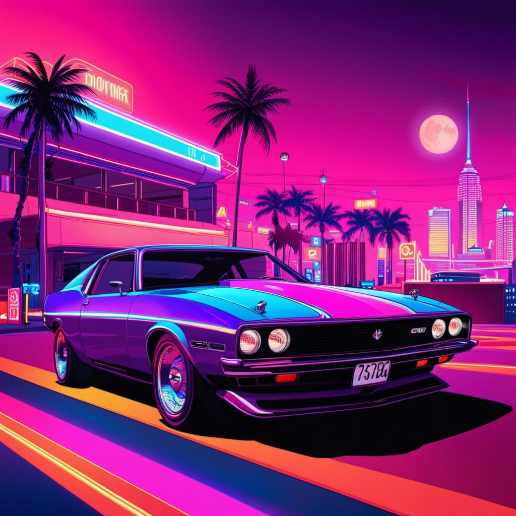 Grand theft auto Miami purple sunset neon synthwave retro pop art ...