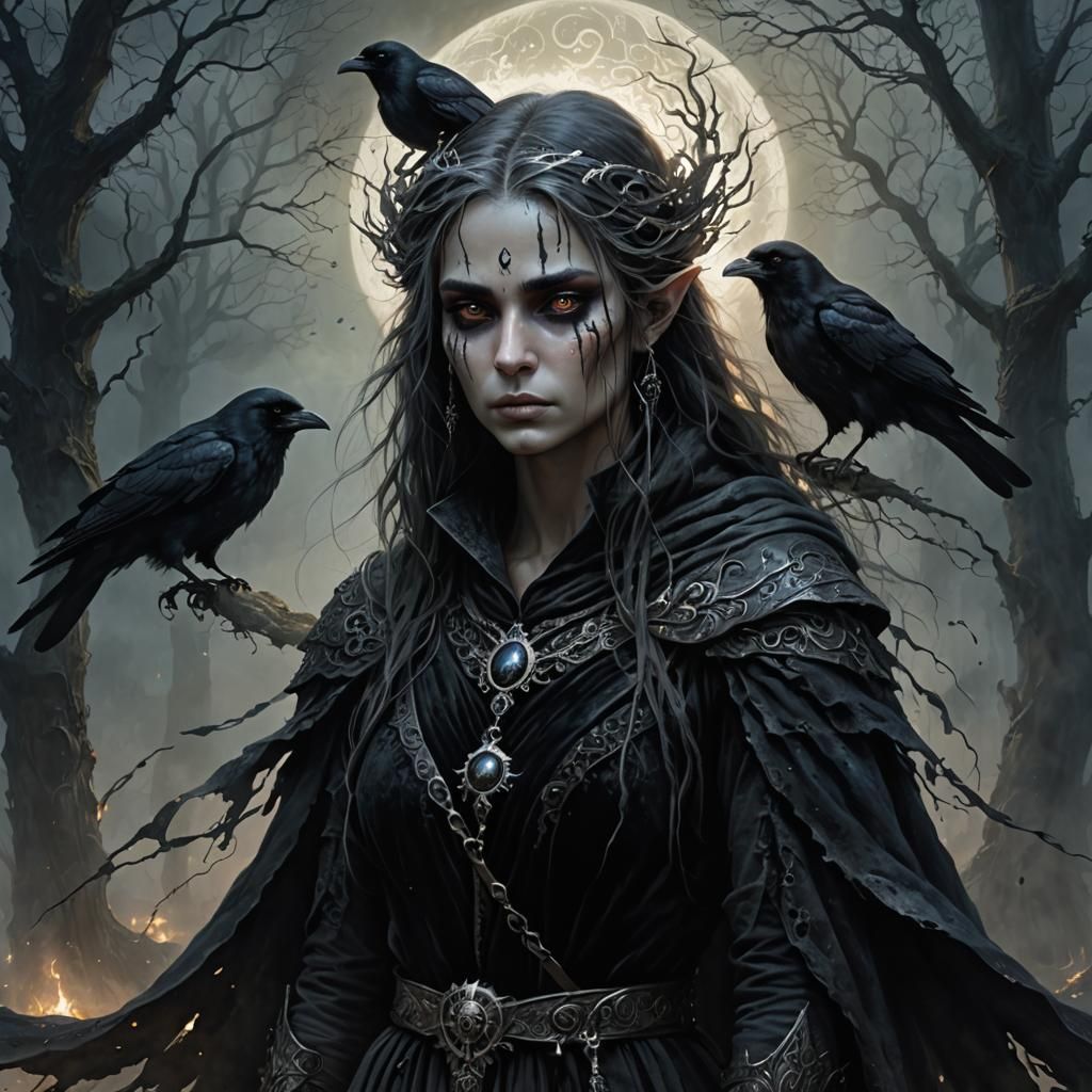 D&D, Female Shadar-Kai elf, Death Cleric, Raven Queen, Raven on her shoulder