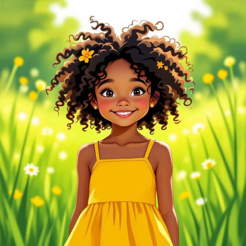 Mischievous Girl in Yellow Dress in Green Meadow