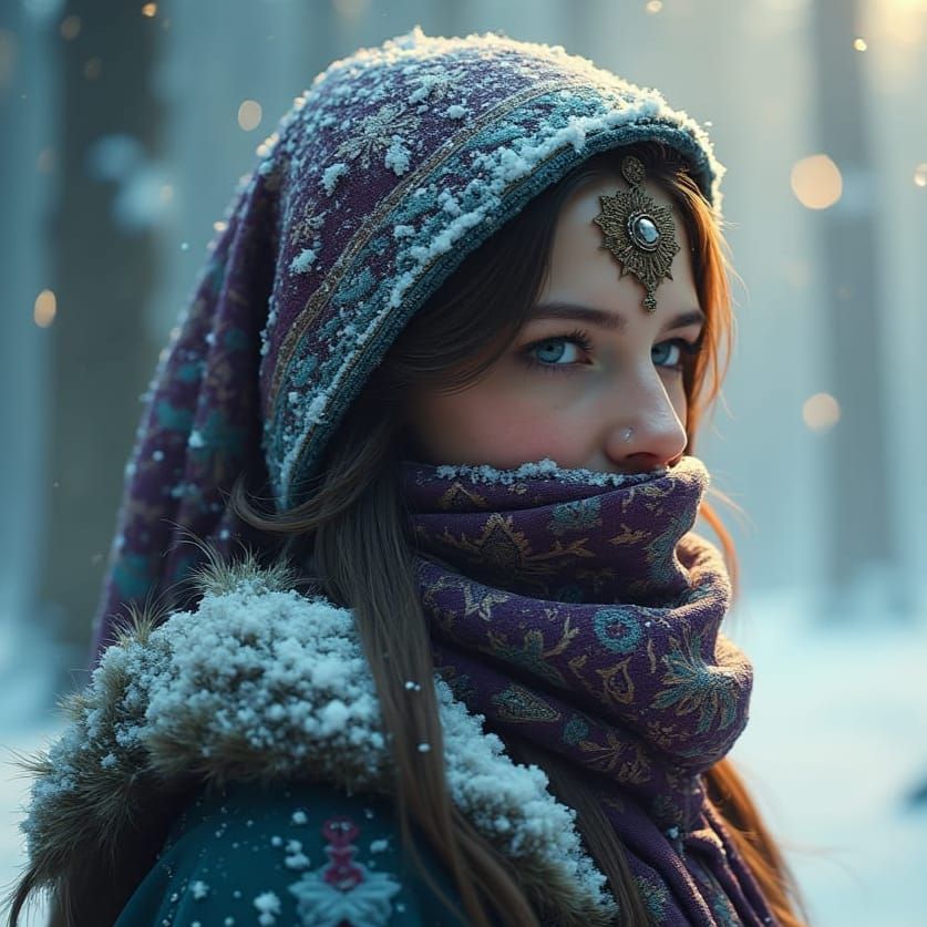 Female DnD dwarf wearing winter fantasy clothing and a scarf...