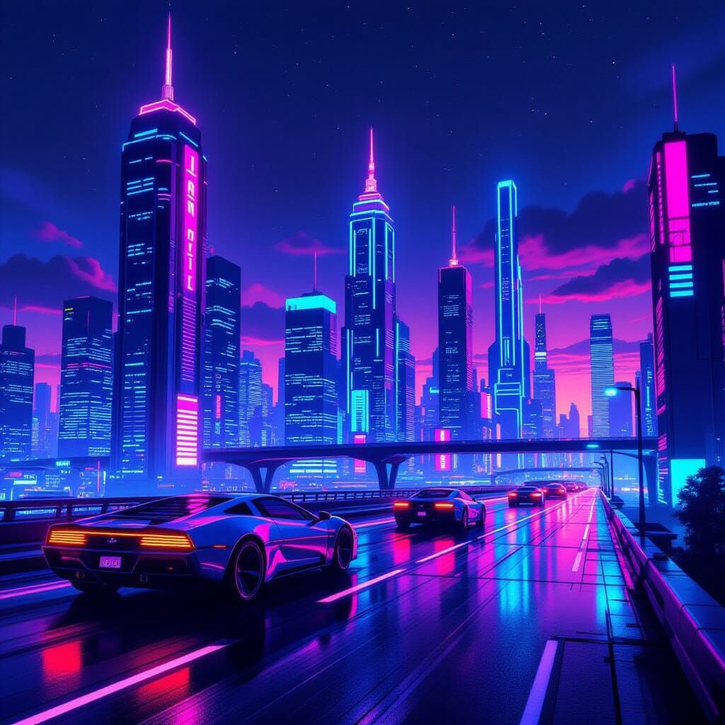 Neon Synthwave Cityscape in Retro-Futuristic Style