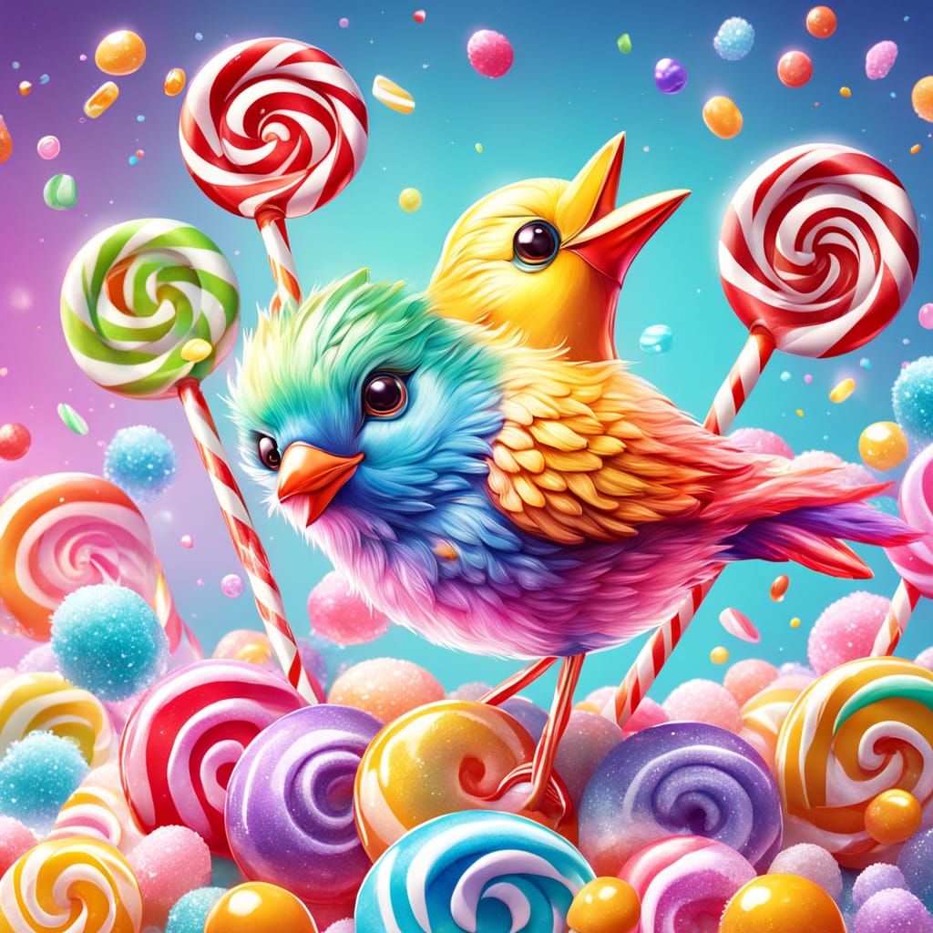 Small Bird on Lollipop in Candy Art Style