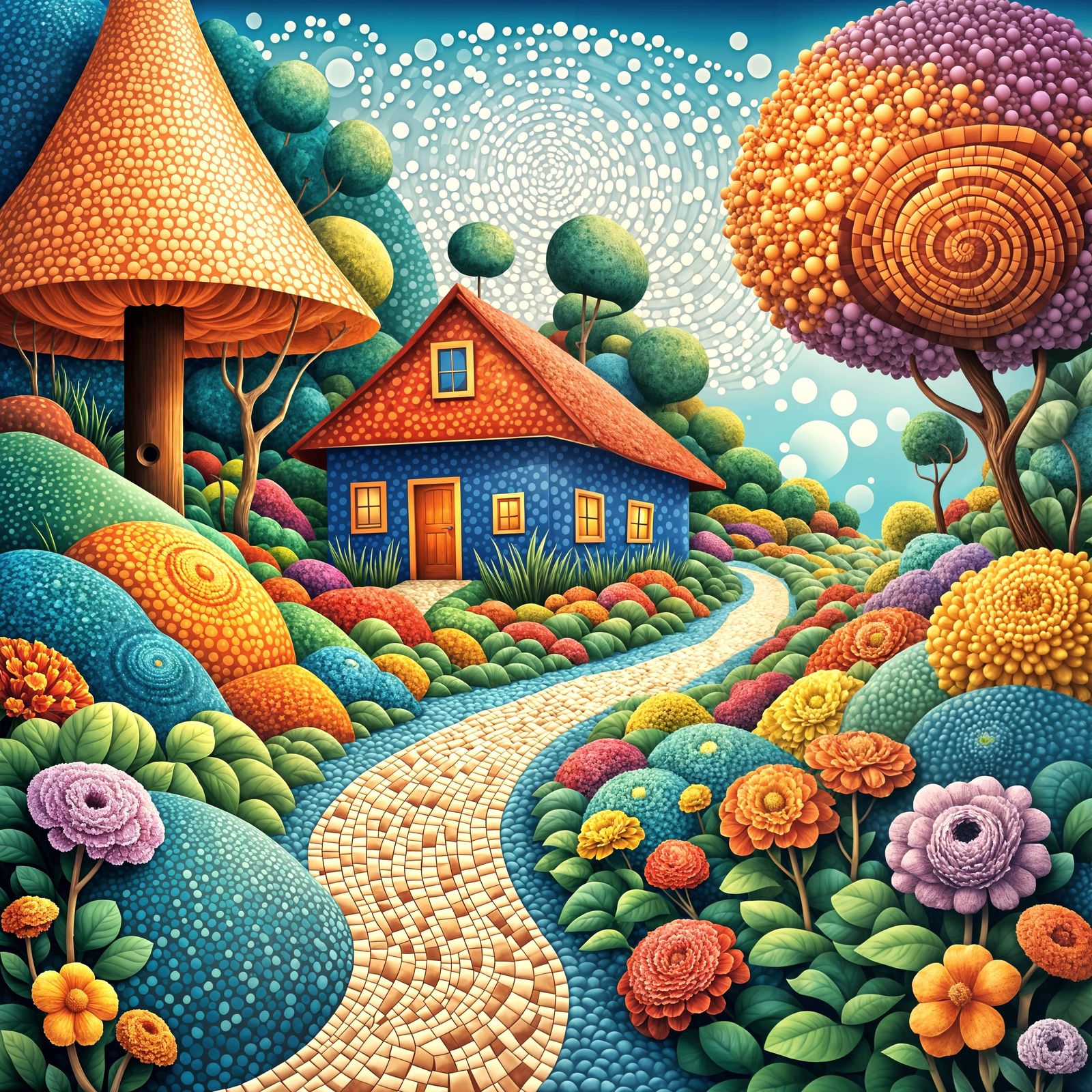 A scene, with a hut, flowers, and path rendered entirely in vibrant, overlapping points of color.  by @Vanshika