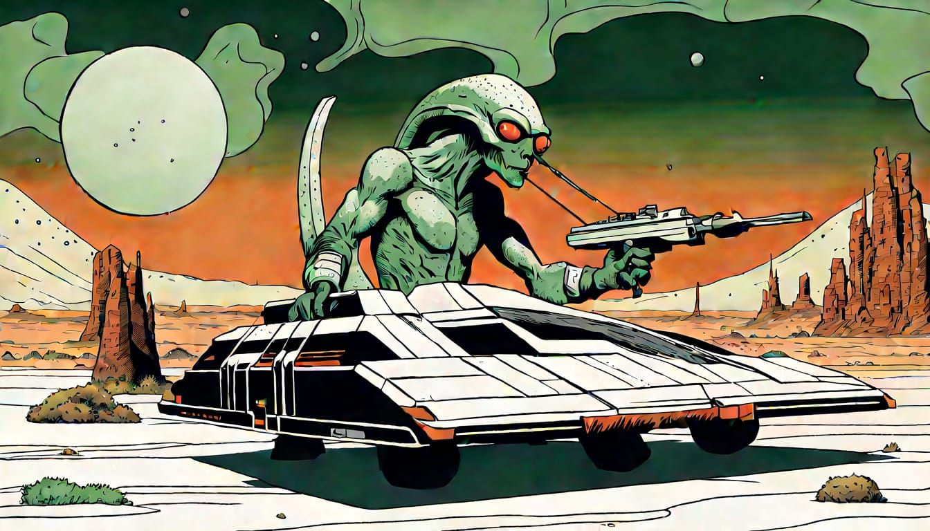 Surreal Alien on a Battered Speeder in a Vibrant D... - AI Art