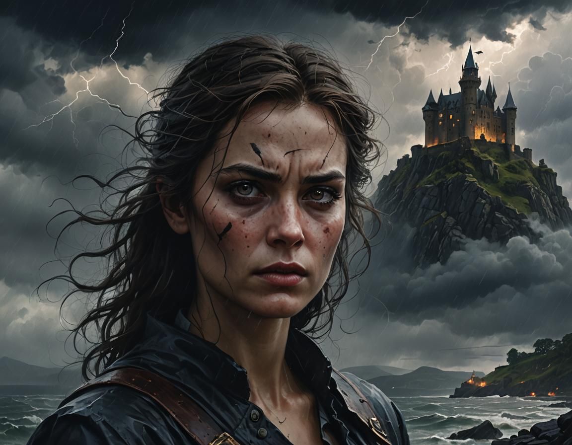 A castle on the edge of a cliff, a dark stormy night, rolling thunder and lightning  all around, giving it a ghostly appearance, fierce wind...