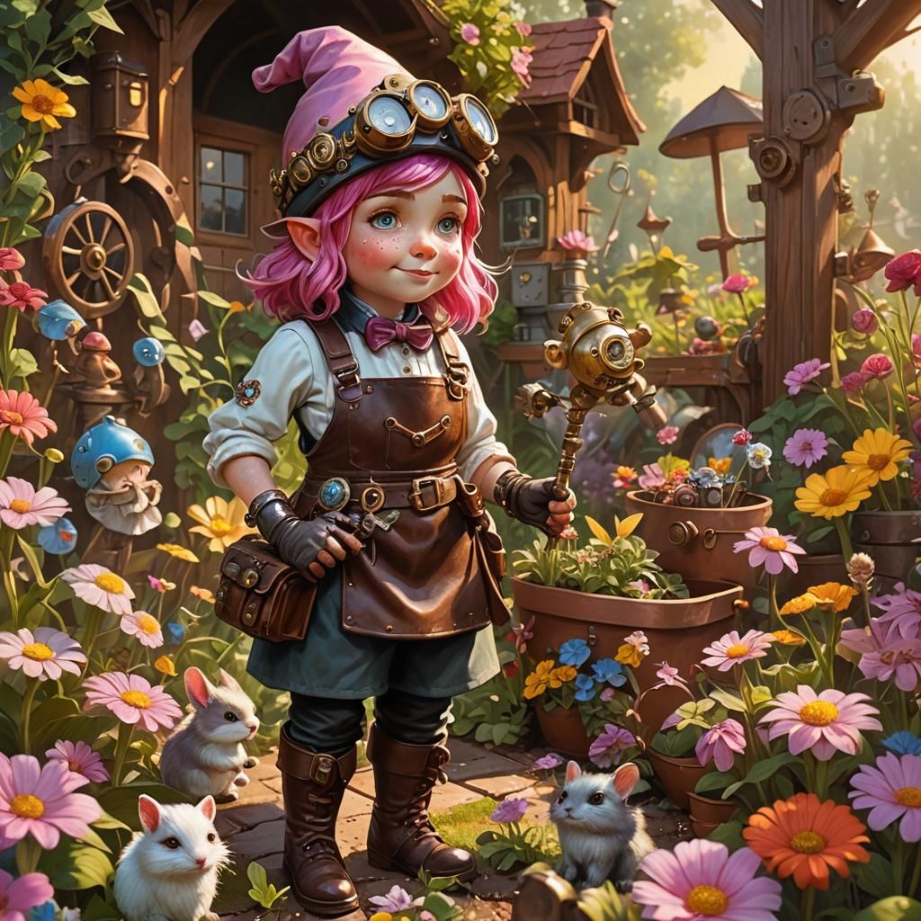 Friendly female pink haired gnome taking care of the small animals in the flower garden. steampunk  by @Fires_RSA