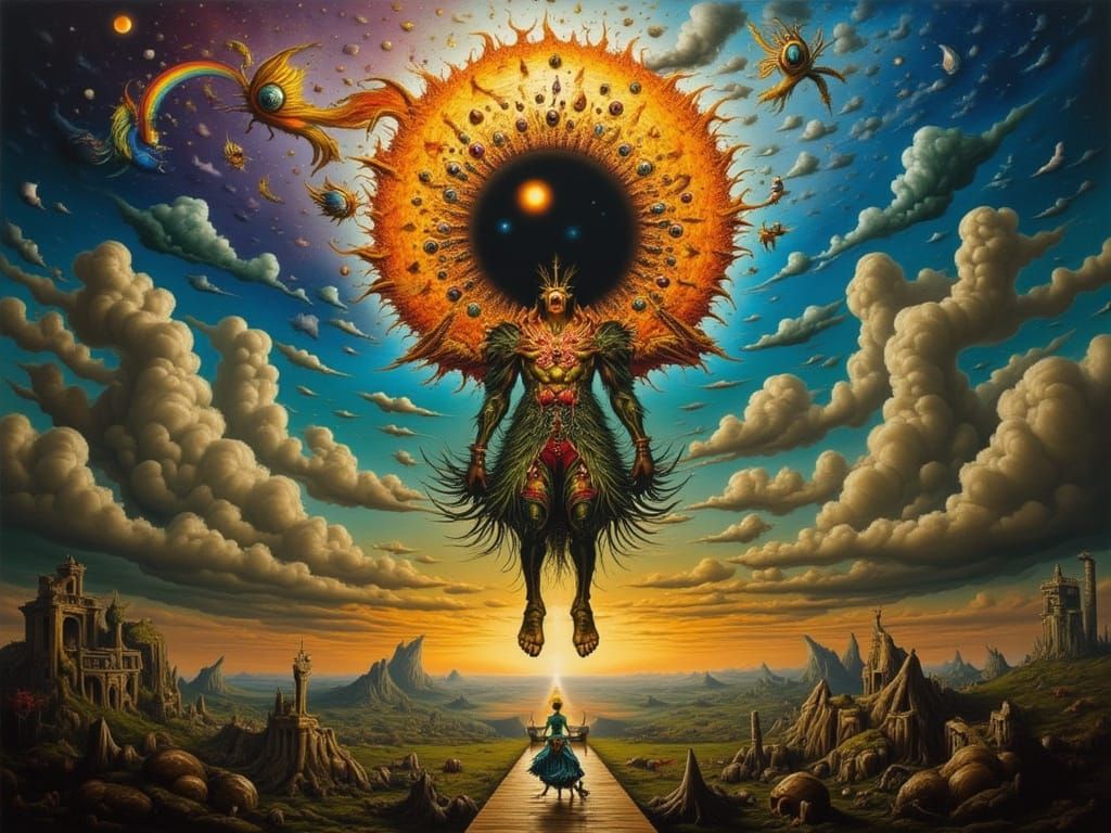 <lora:Insomnia Flux:1.0> <lora:Surreal scenes:1.0> <lora:Serai Flux:1.0> <lora:TheBomBay:1.0> <lora:farm horror:1.0>Rob Gonsalves vivid Medi...