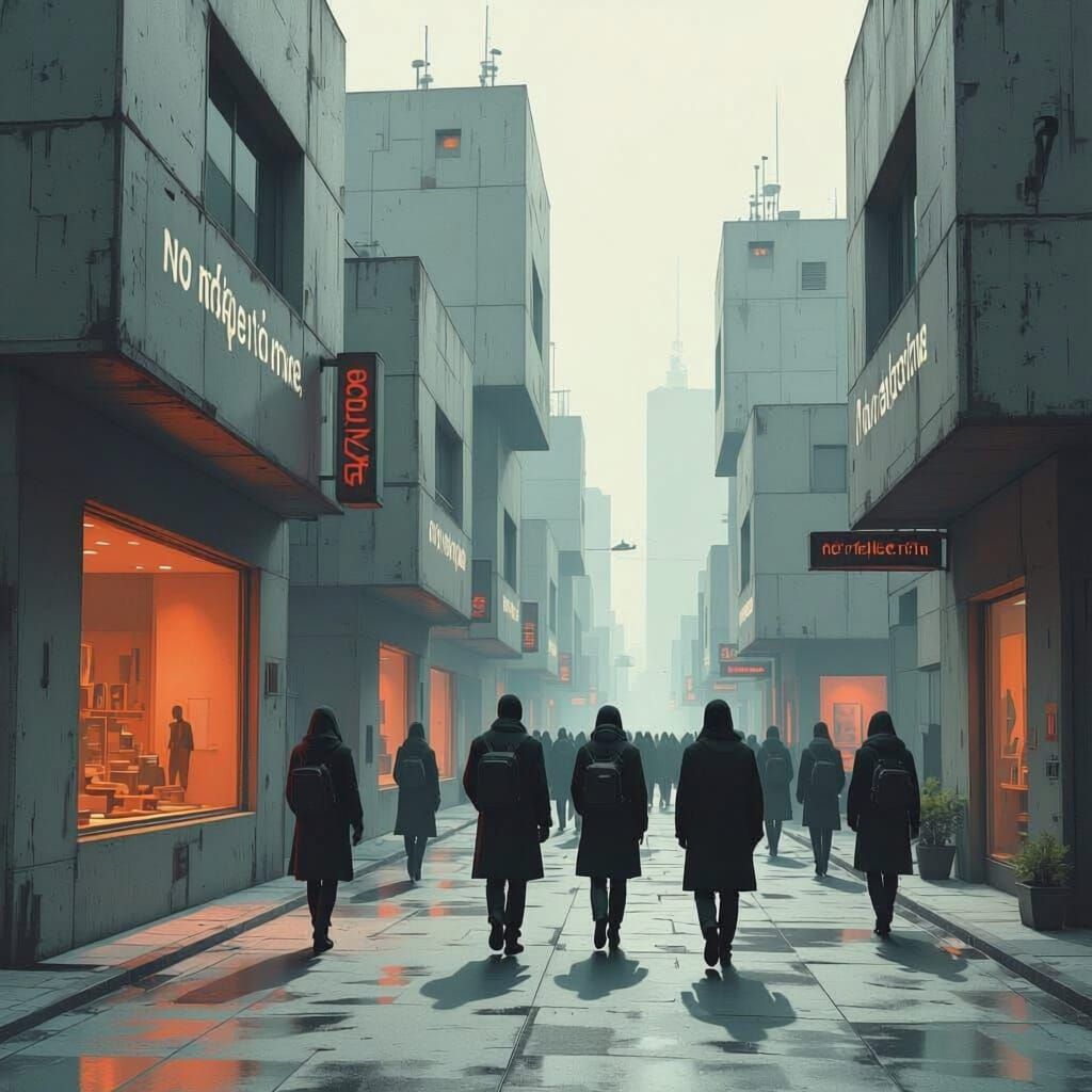 a society where there are buildings with no windows and everyone wearing the same thing. add signs that say "no reflection anywhere." please...