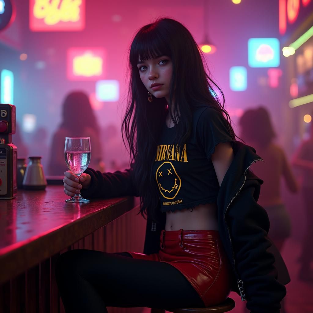 A 14 years old young girl with a perfecto jacket, black Nirv...