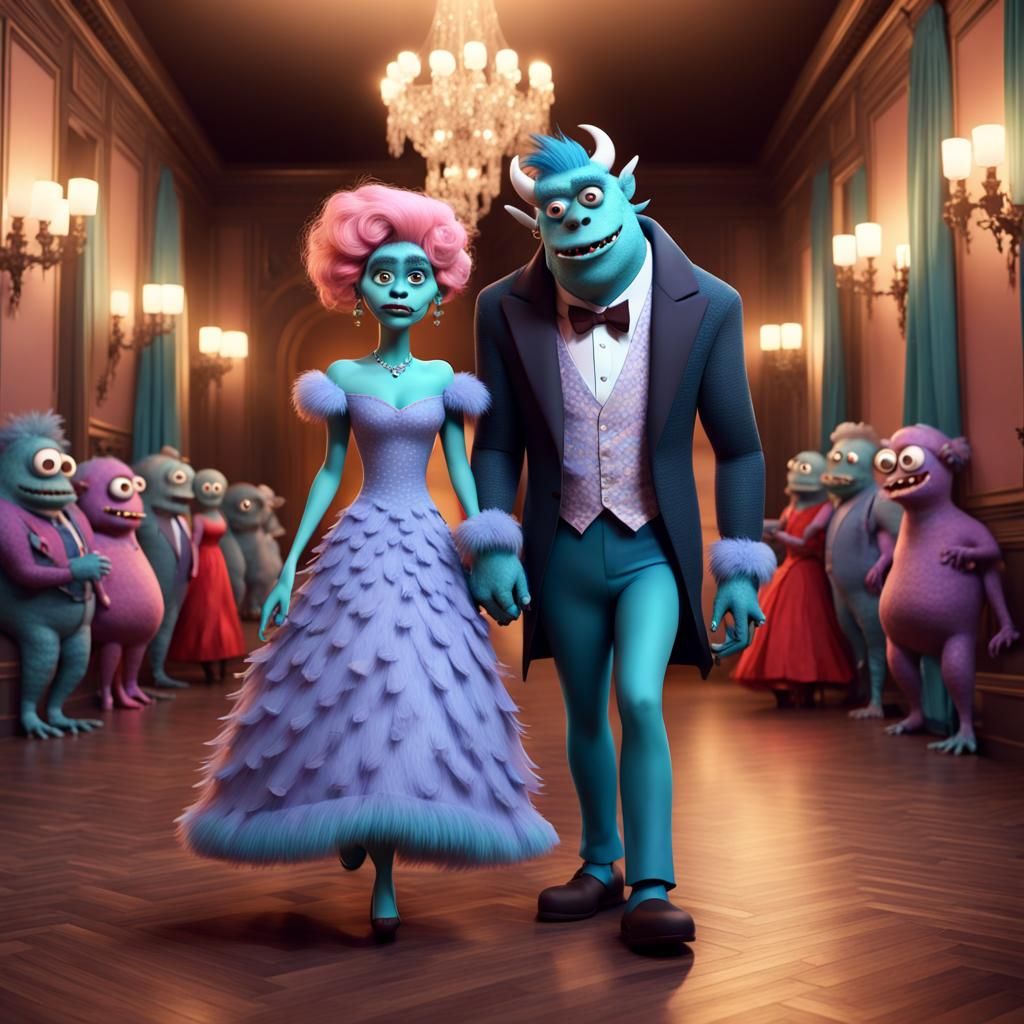 Disney Pixar style 3D adorable male and female monster coupl...
