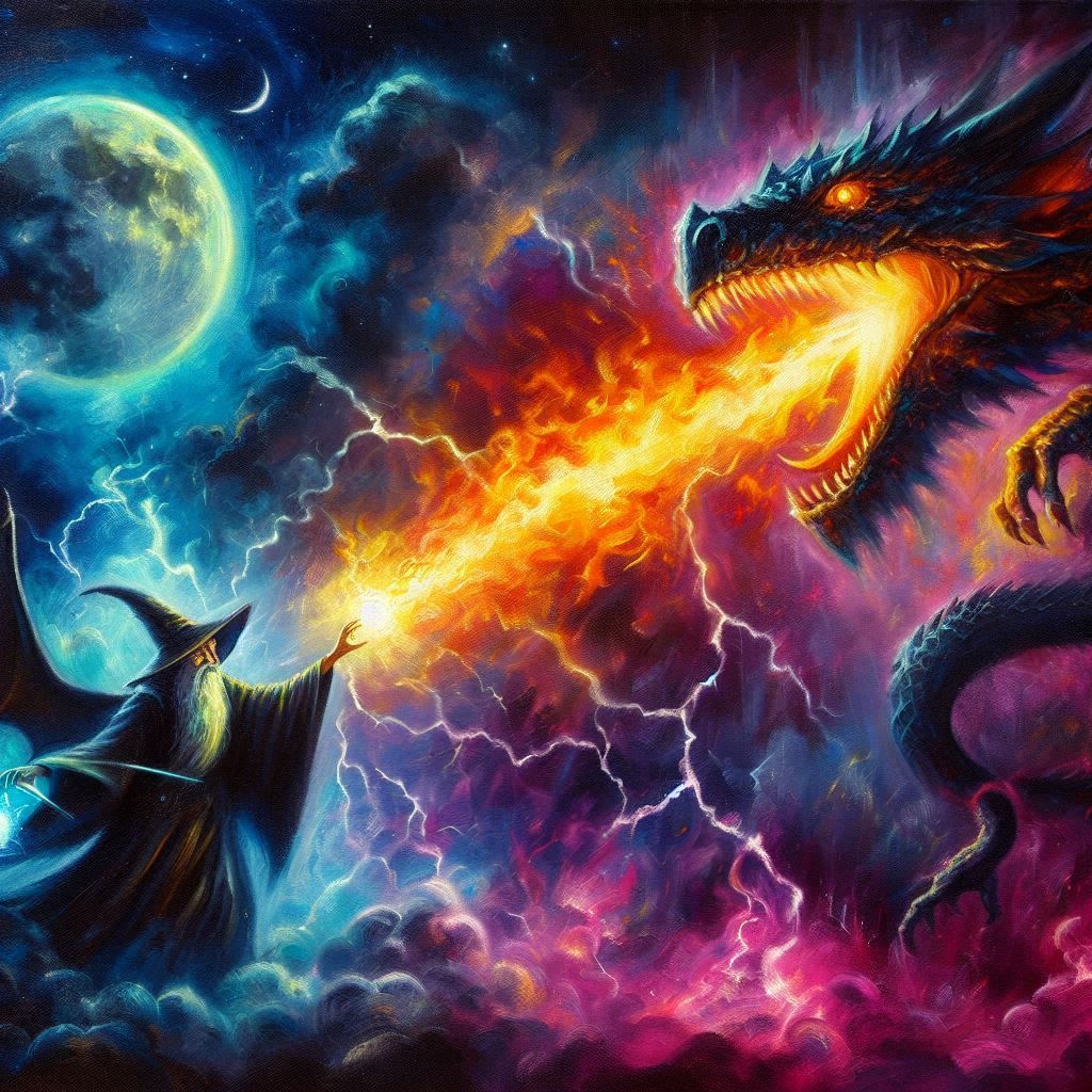 Dark wizard and dragon.