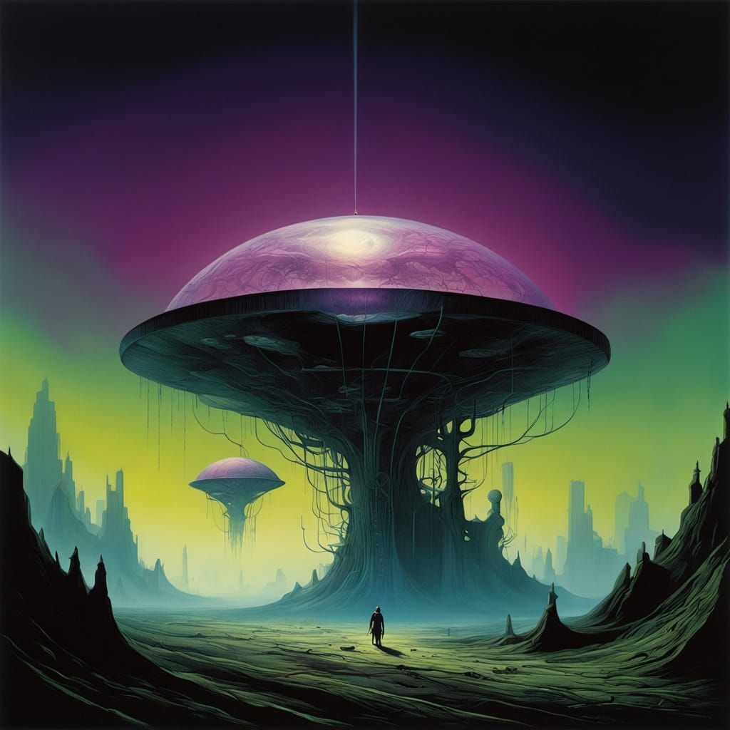 A metallic button floating in a dark void. Pressing it fractures reality, birthing a portal. Alien invaders spill out, warping the atmospher...