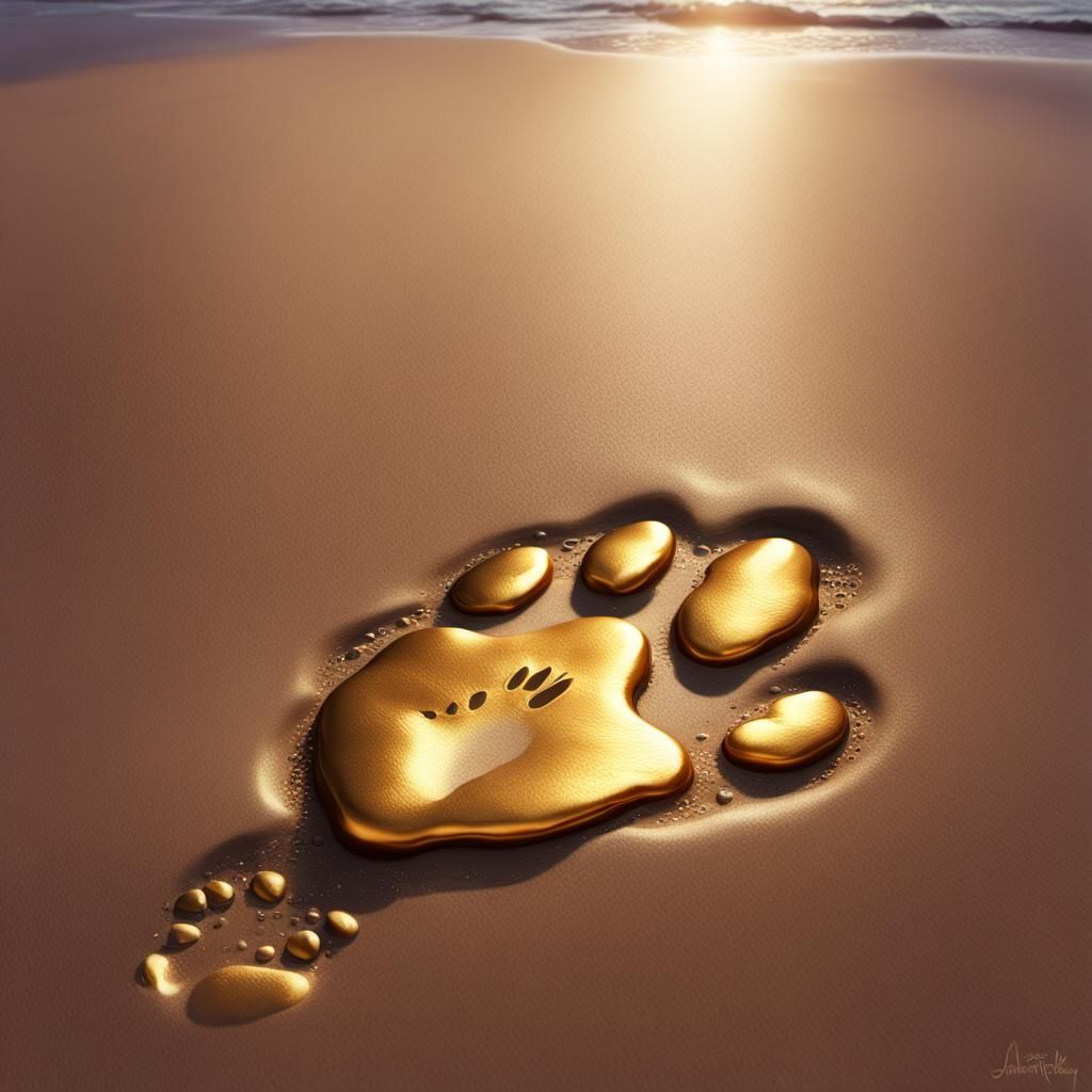 Gold metallic cat footprint in the wet sand.