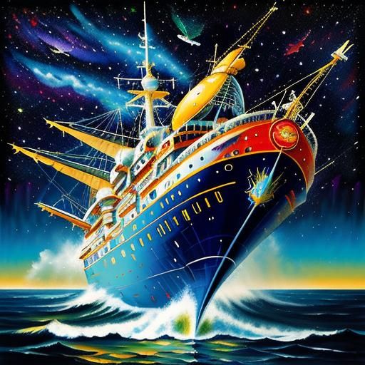 PoppRetro spaceship flying out of the ocean and large splash...