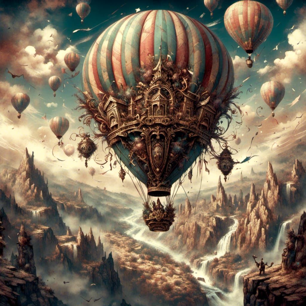 <lora:Artefact:1.0> Gorgeous hot air balloon over glorious canyon