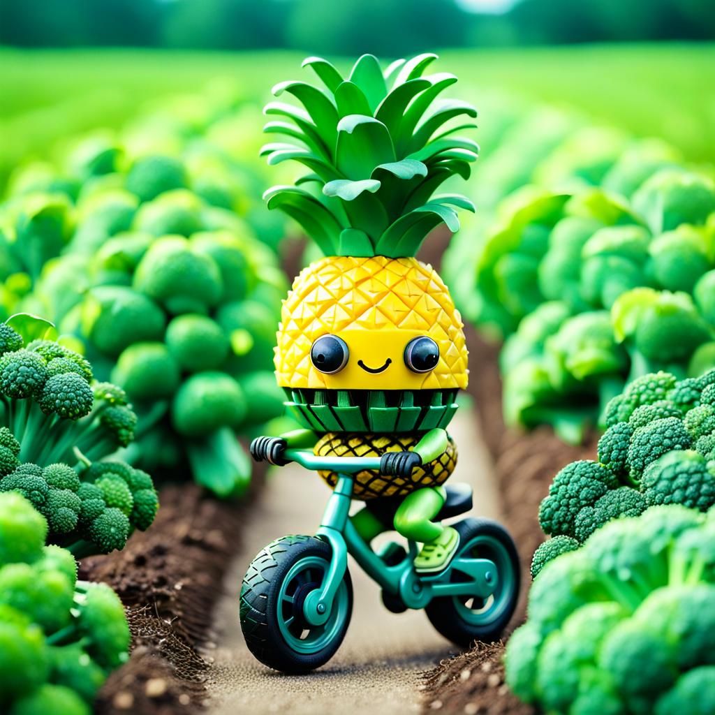 whimsical chibi pineapple with eyes on a one wheel bike with a helmet ...