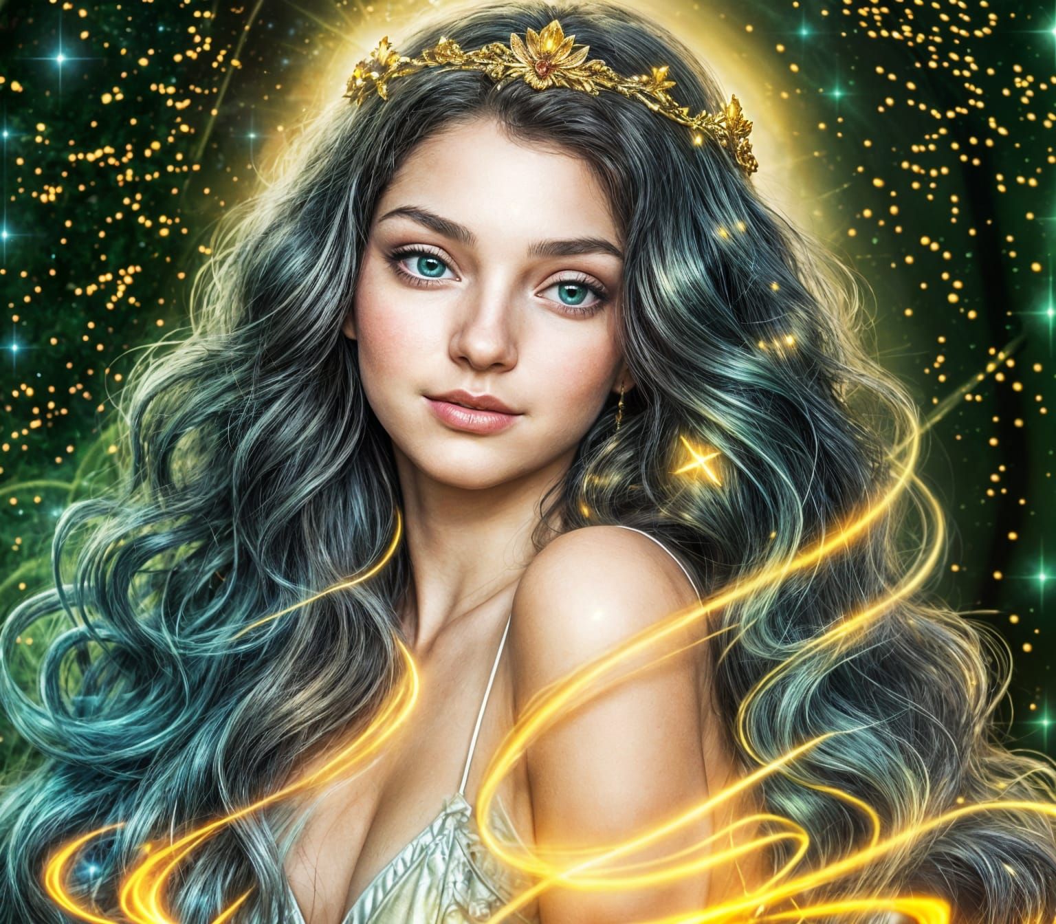 Ethereal Girl with Golden Diadem in Astral Light