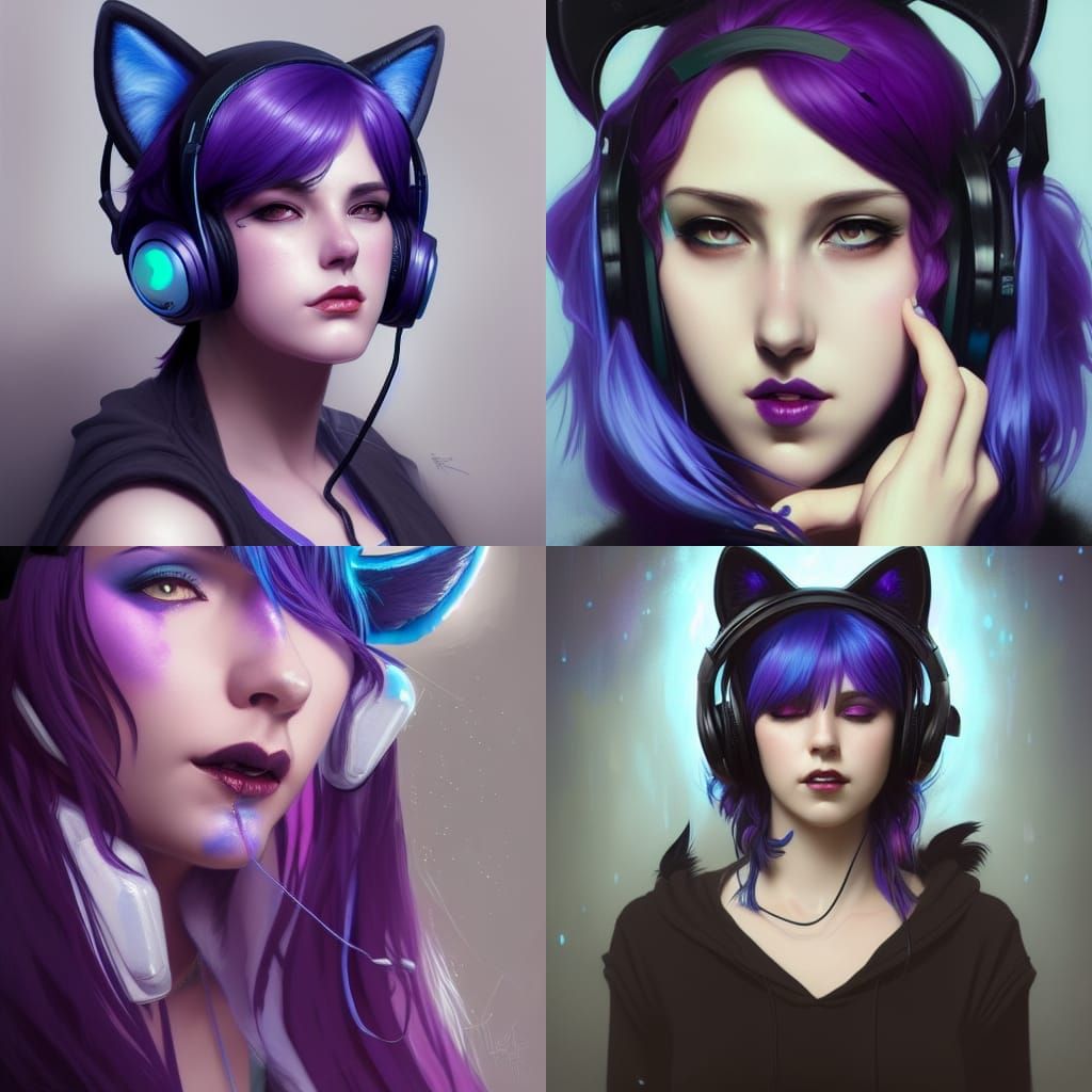 thicker goth girl with blue and purple hair wearing cat ear ...