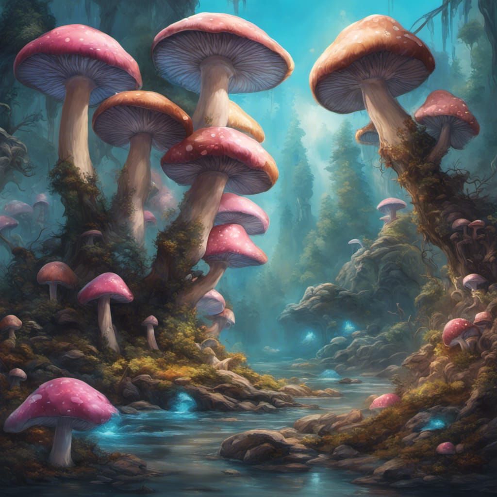 a mushroom forest with blue, pink, teal, brown, and gold mushrooms ...