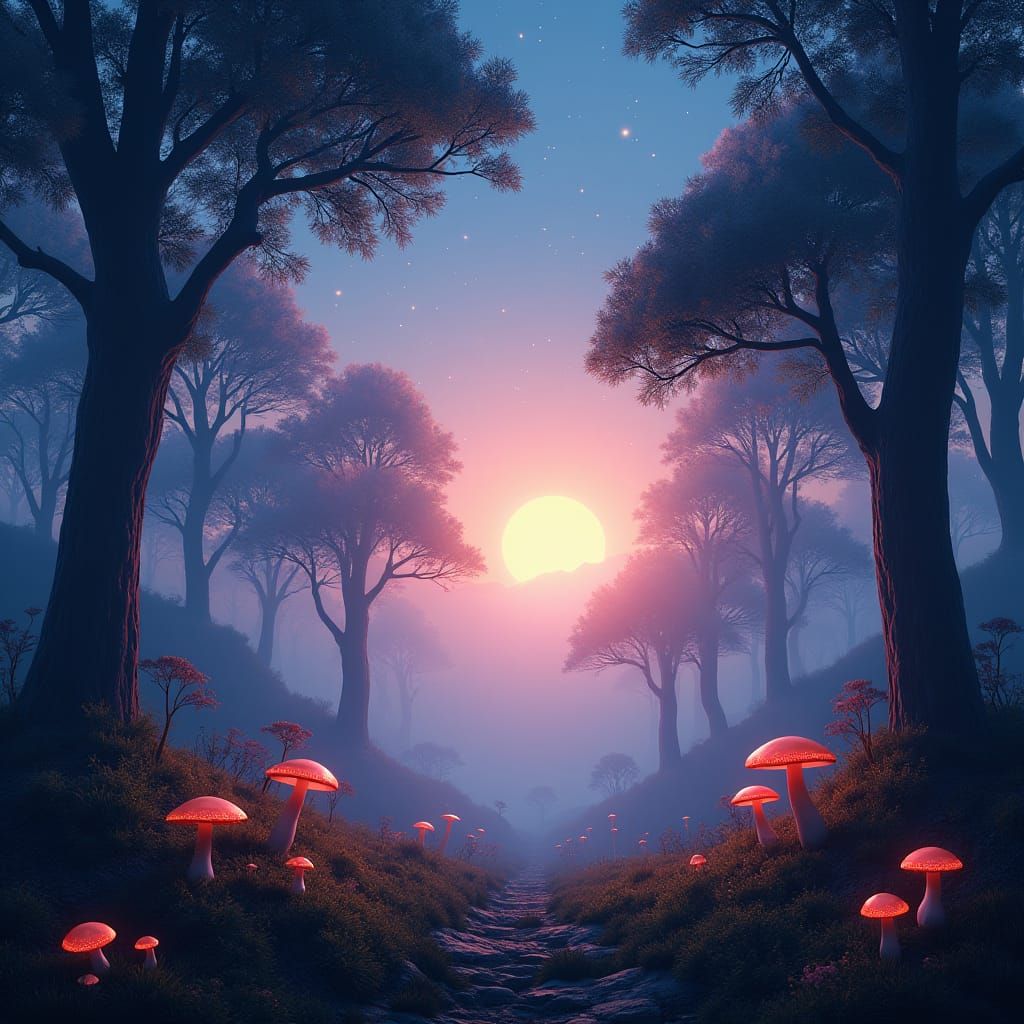 Fantasy Morning Landscape with Stars and Glowing Flora