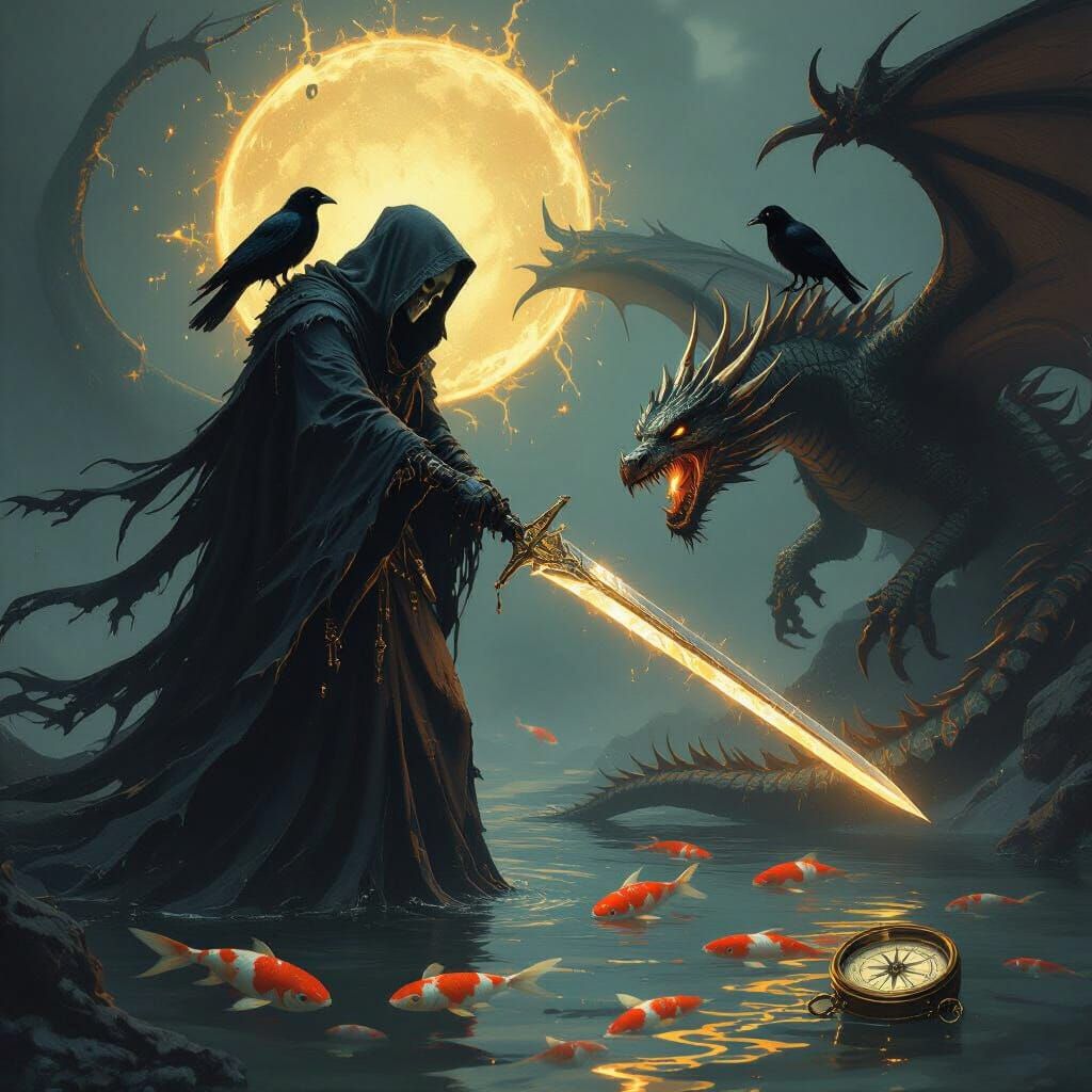The grim reaper glowing with a golden aura slaying a dragon with a sword and a crow guiding him through the darkness with koi fish incorpora...