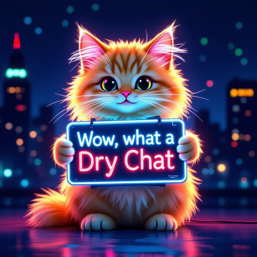 Neon Cat Holds "Dry Chat" Sign in Cityscape