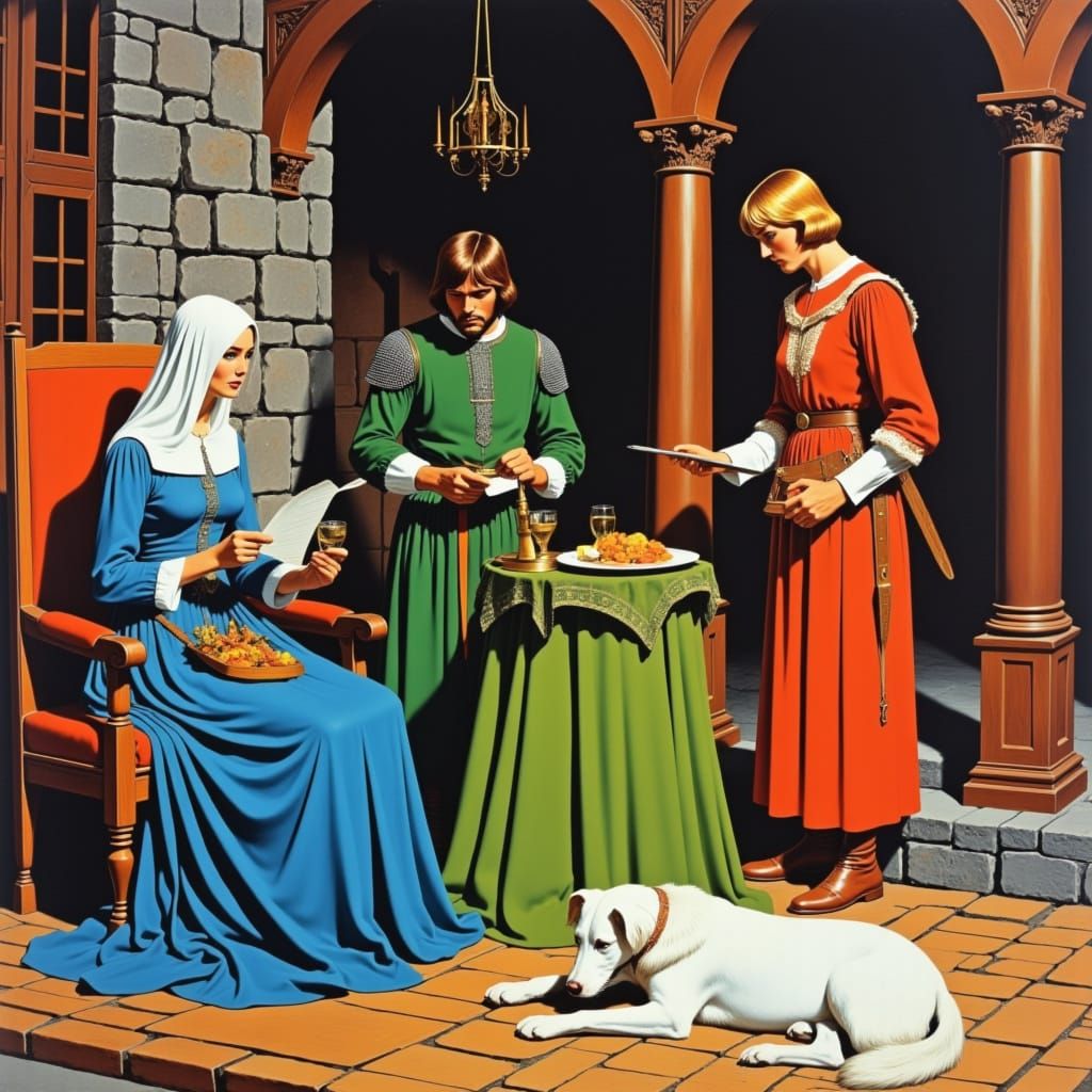 <lora:Medieval Pulp:1.0>
1970s vintage medieval pulp illustration