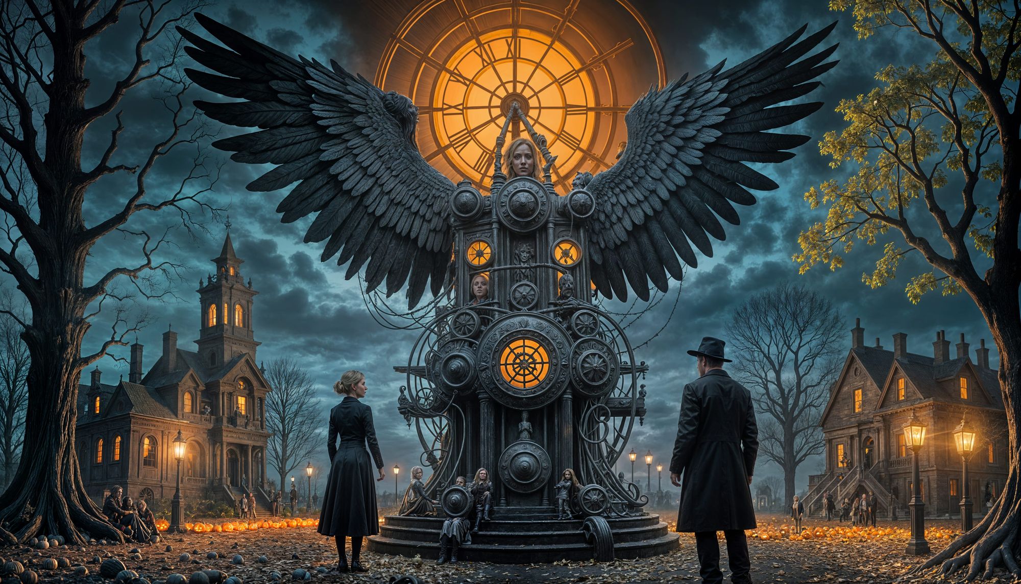 Make it in  dark Halloween night style where trick-or-treating takes a spooky turn — haunted houses, eerie costumes, and ghostly candies. A ...