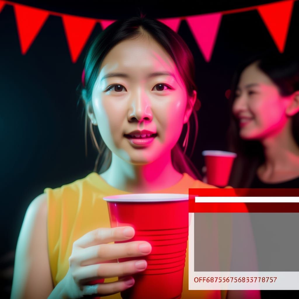 a woman holding a red plastic cup at a party and talking happily to the camera (direct address). Dark background, with a string of out-of-fo...