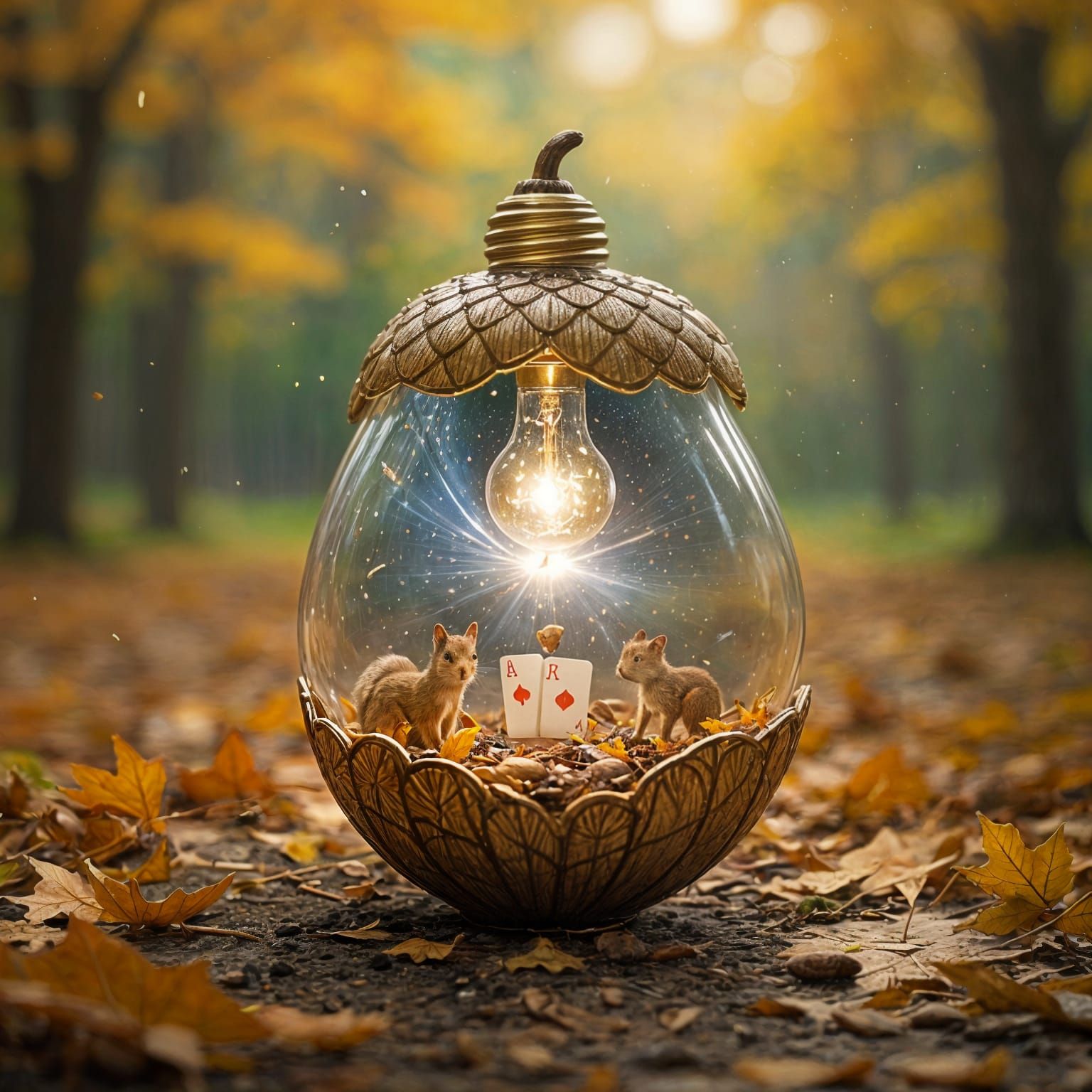 a single magical bulb light shaped acorn with a golden-threaded cupule is on the ground surrounded by Autumn leaves falling all coloured wit... - Start Image 1