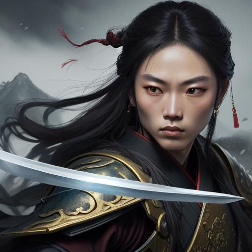 Lone Swordsman Portrait in Chinese Watercolor Style