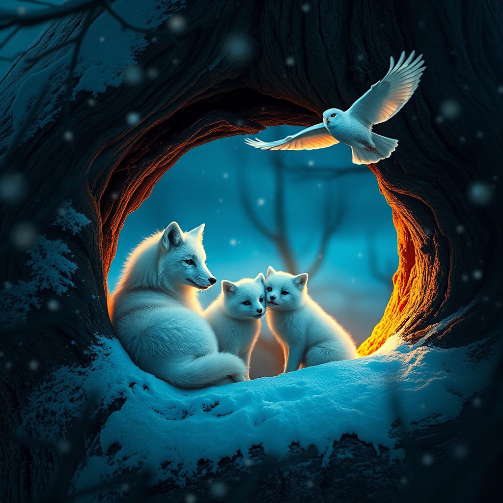 White Fox Family and New Friend