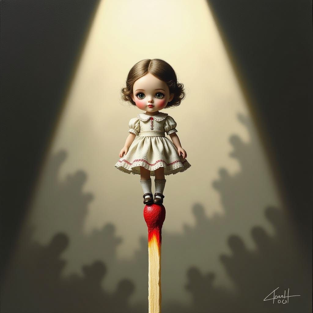 Tiny Doll on Matchstick in Dark Fantasy Style