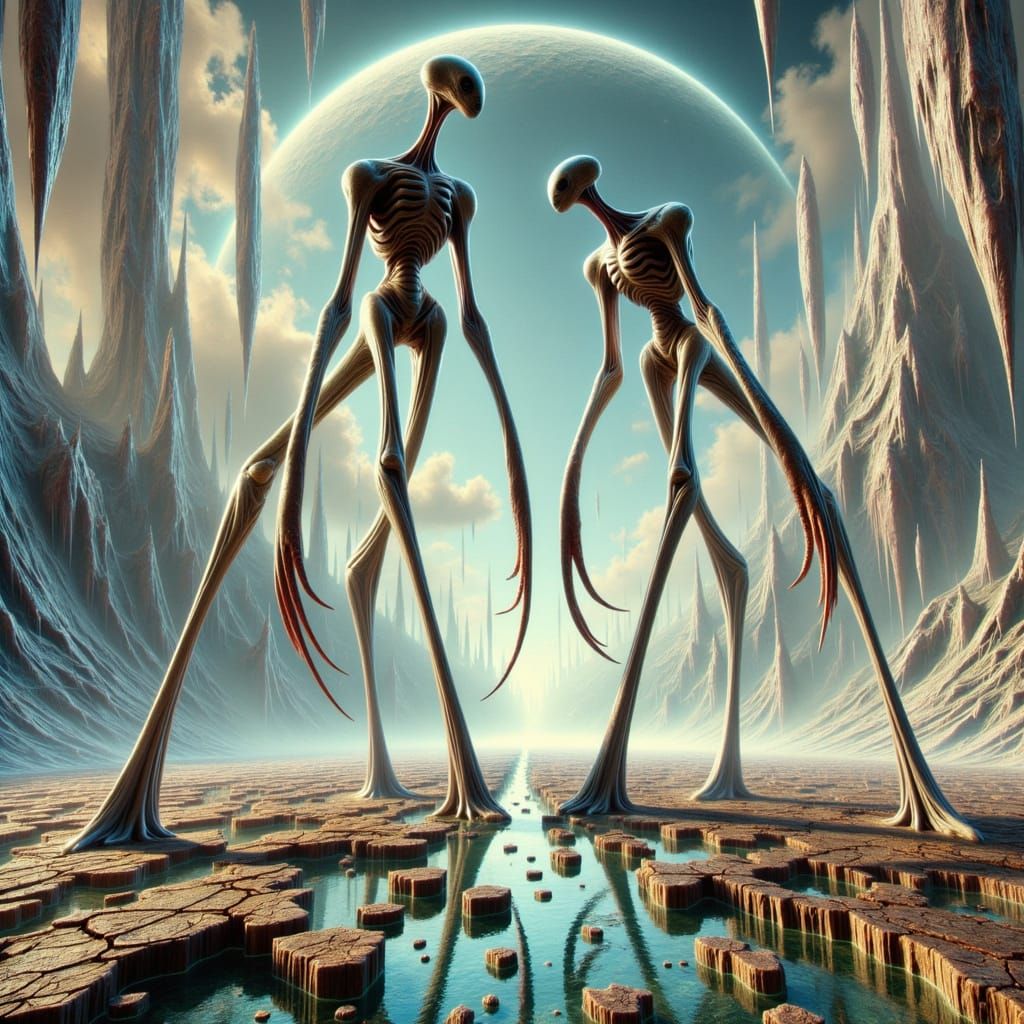 <lora:-Slender World-:1.0> tall slender alien creatures in the distance with an endless view of alien landscape