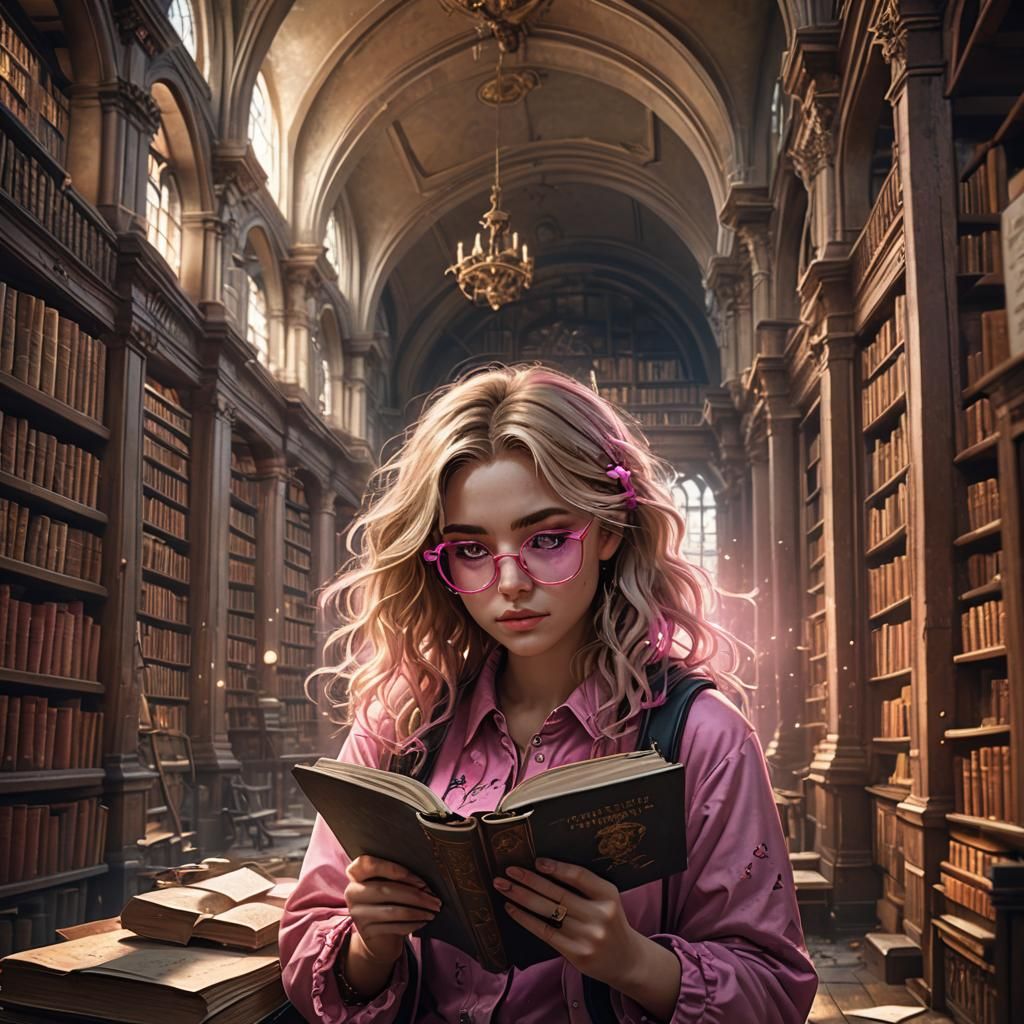 a pretty girl with dirty blonde hair and pink glasses huddle...