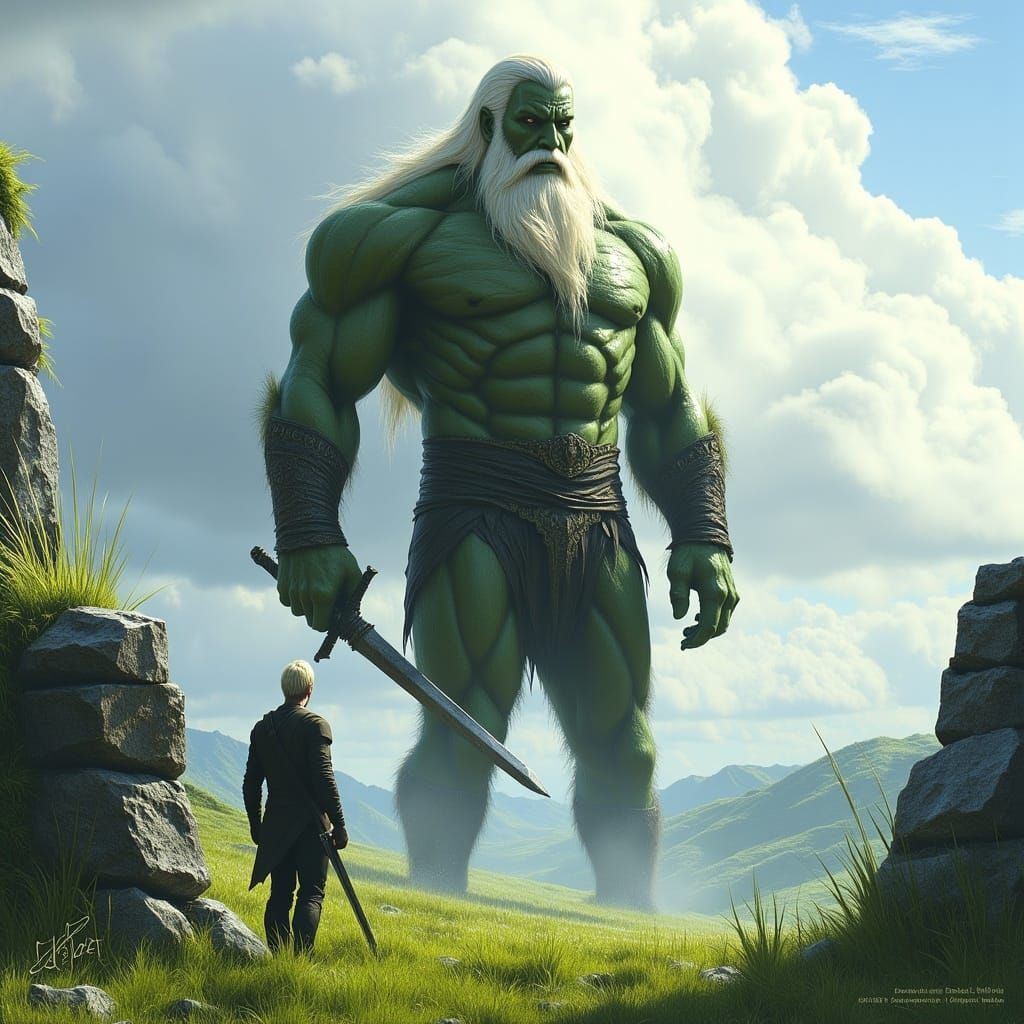 <lora:MJ6-1 DreamForge:1.0> A fantasy book cover depicting an enormous giant with long white hair and a beard, standing on grass and holding...