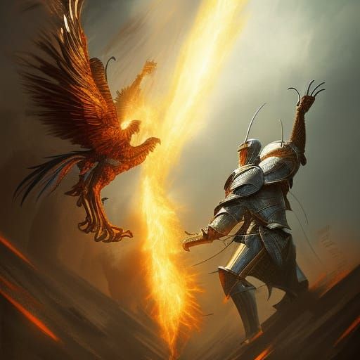 "Stunning digital artwork of a phoenix knight defending a ca...