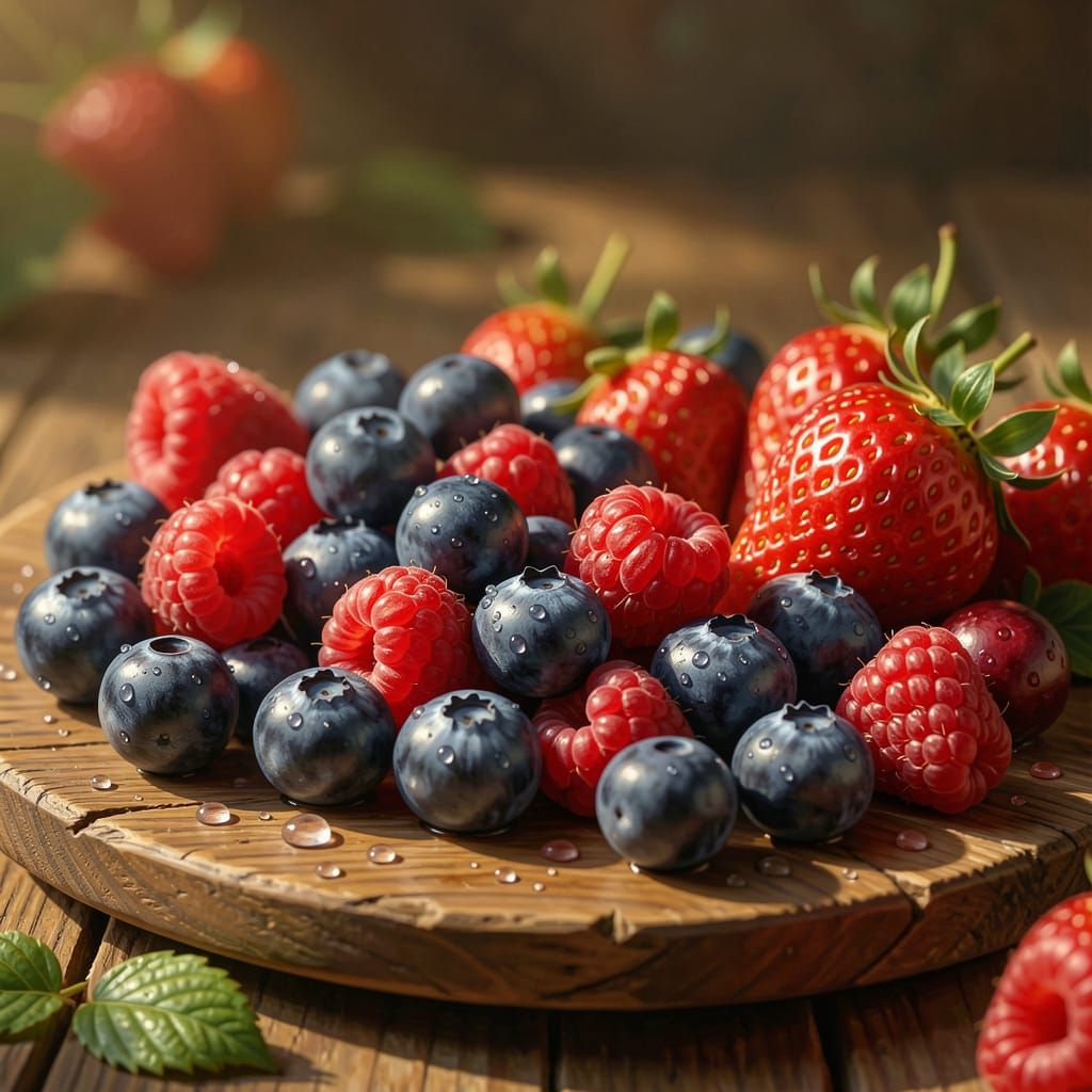 Vibrant Berries on Rustic Platter in Hyperrealistic Style