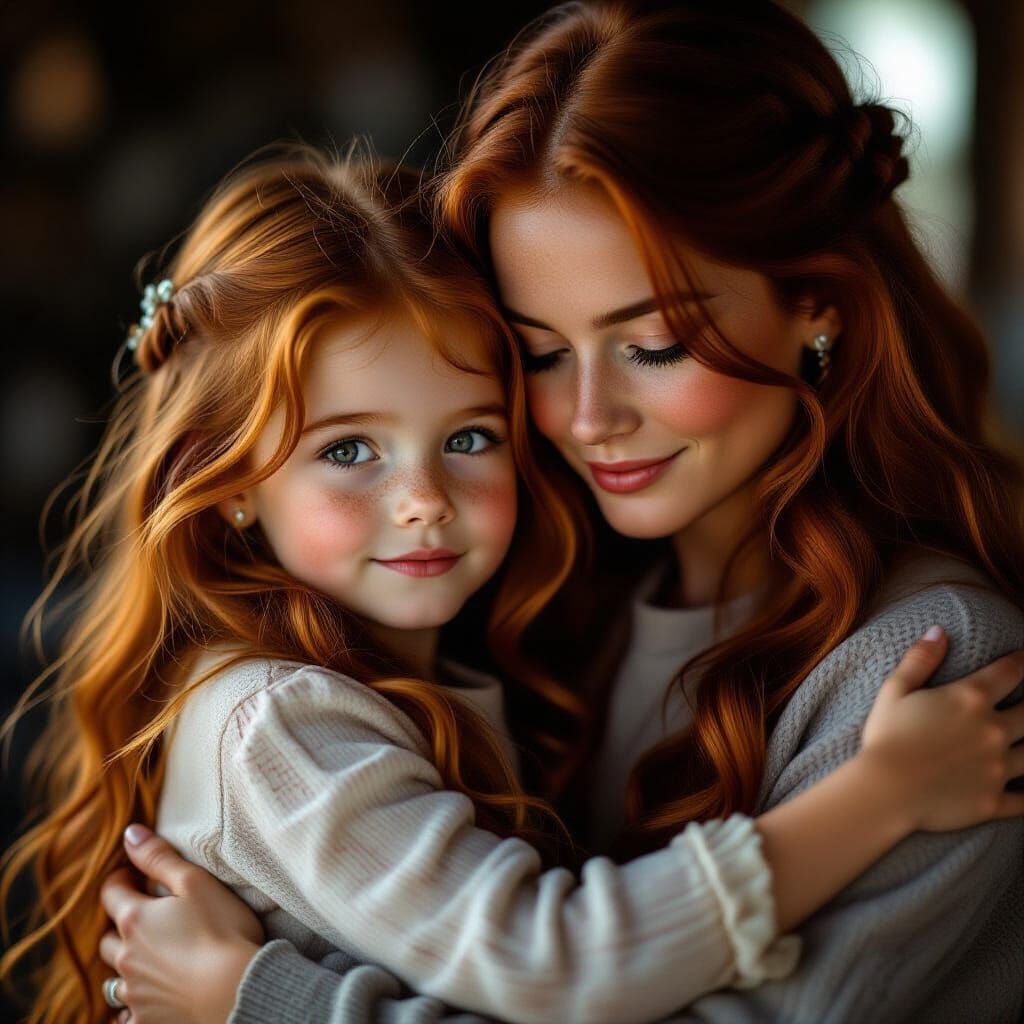 Compassionate Kfir Hugs Red-Haired Girl, Cinematic Film Stil...