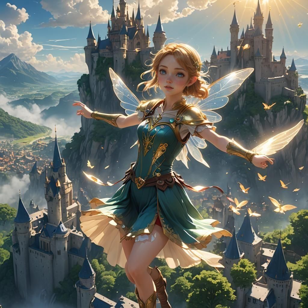 A castle in the sky in the background. A pretty fairy is fly...