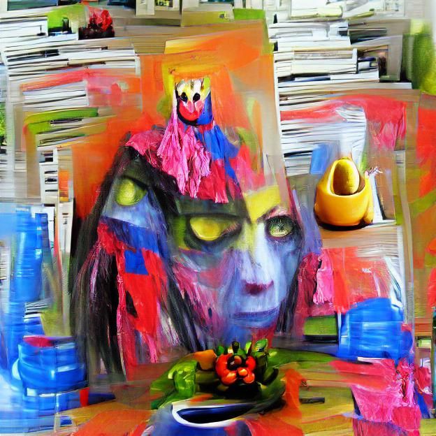 abstract colourful scary woman monster's portrait with still life in foreground acrylic art