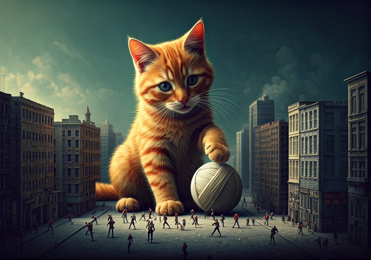 A giant ginger cat playing with a ball of yarn in the middle of a miniature city.   by @AVA