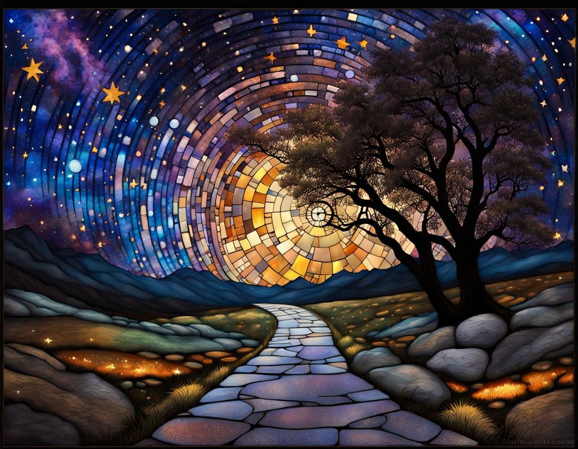 A granite path through cosmic mist,Bends ’round stars in an astral tryst,Where hues unseen by mortal ...  by @Pjrockey