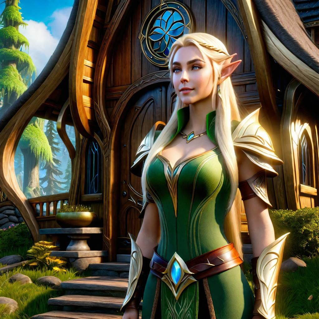 an attractive blond curvy wood elven, standing in front of a...