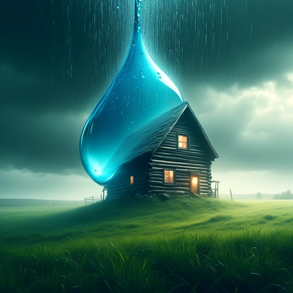 <lora:Surreal Mystery:1.0> Surrealistic image of a giant raindrop falling on a cabin in an open pasture, Dreamlike atmosphere 
